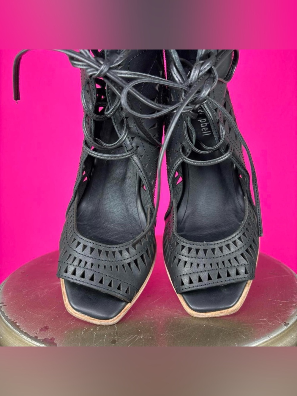 Jeffrey Campbell Rodillo-Hi Black Geometric Cutouts Wedge Lace-Up Sandal US 8.5 - Picture 3 of 8